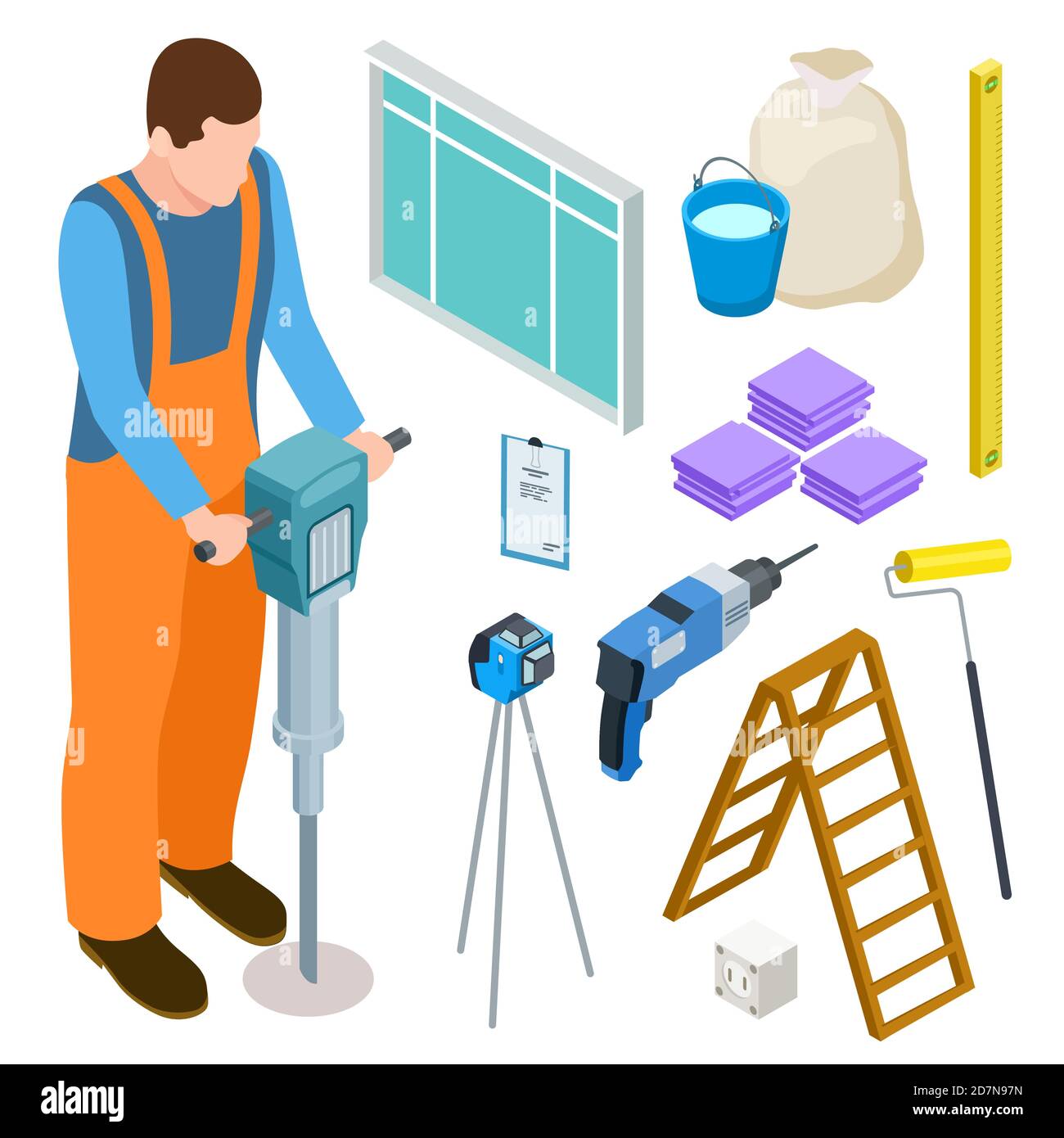 Builder and construction tools isometric vector icons. Isometric builder and worker