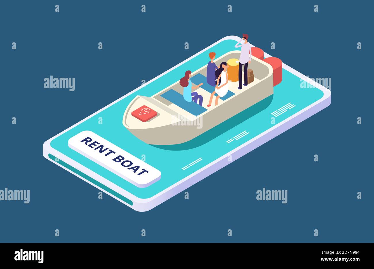 Rent a boat mobile app isometric vector concept. Illustration of service rent sea transport online Stock Vector