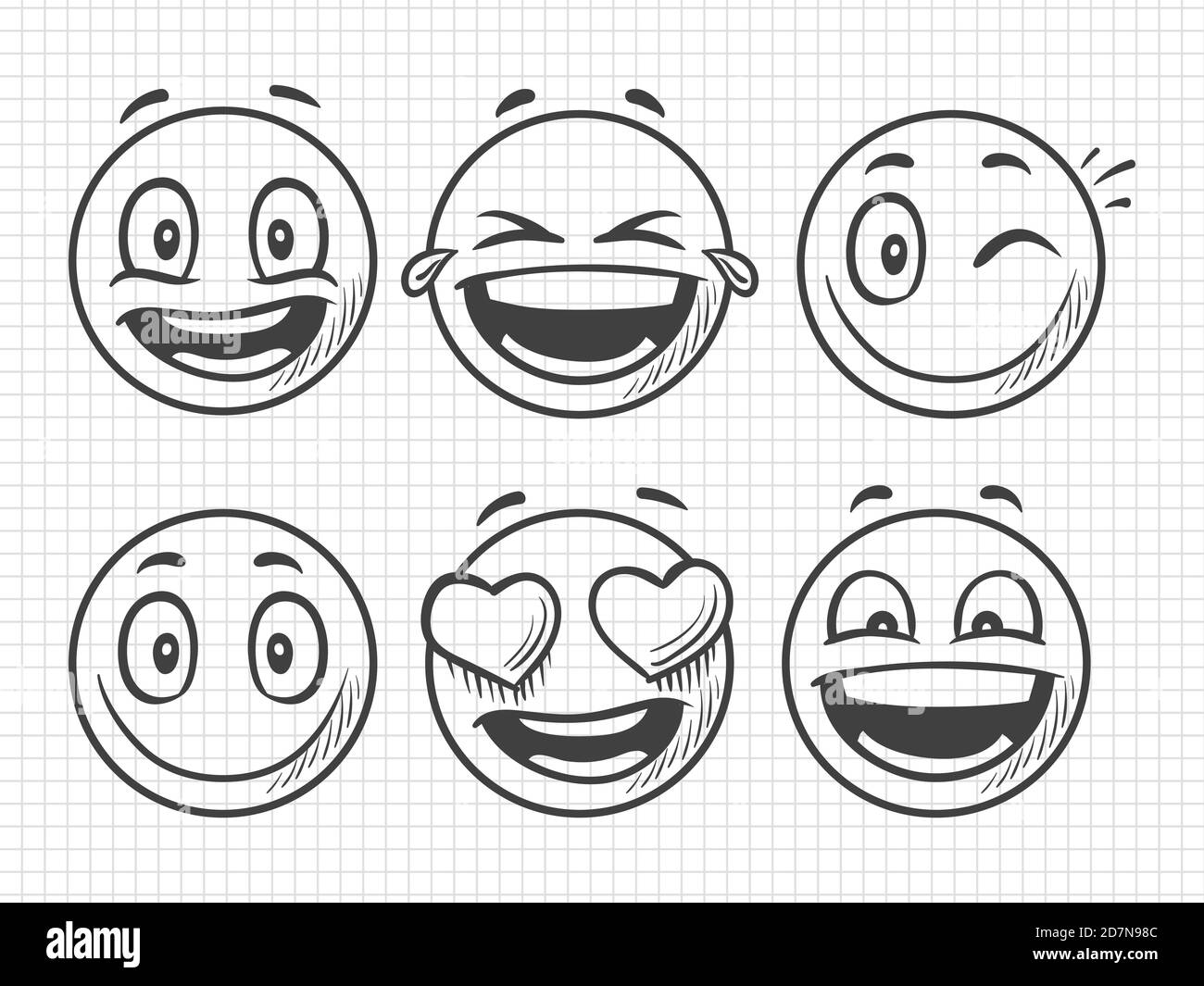 Hand drawn positive emojis, smile vector sketch. Illustration of emoji and emotion, smile expression face, emoticon sketch Stock Vector