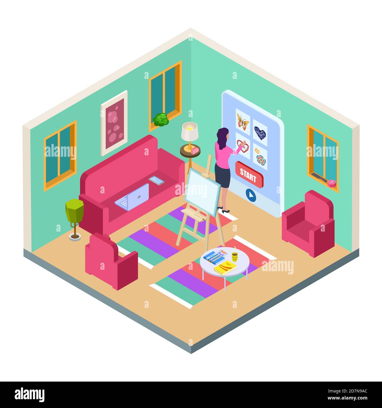 Girl chooses drawing lesson. Home art studio, isometric vector living room, couch, easel and online drawing lessons. Online course training, student e-learning app illustration Stock Vector