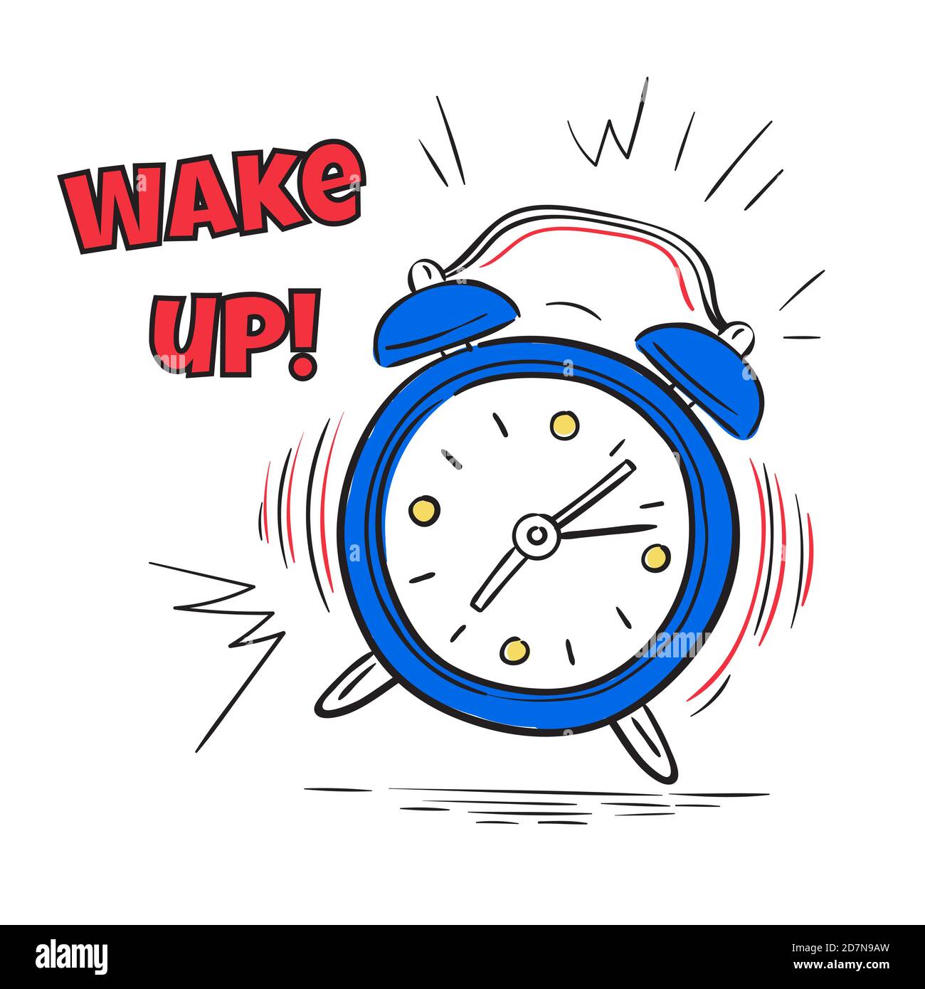 Alarm wake up. Clock ringing in morning. Hand drawing sketch comic poster, countdown vector concept. Illustration of clock alarm wake up time Stock Vector