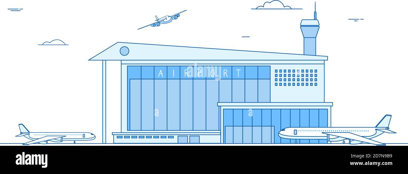 Airport buildings. Landing airplanes international terminal building aircraft runway business cargo transportation line vector concept. Building airport, plane departure and arrive illustration Stock Vector