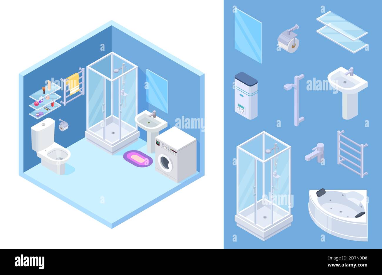 Bathroom isometric. Vector shower, toilet, bath furniture, mirror