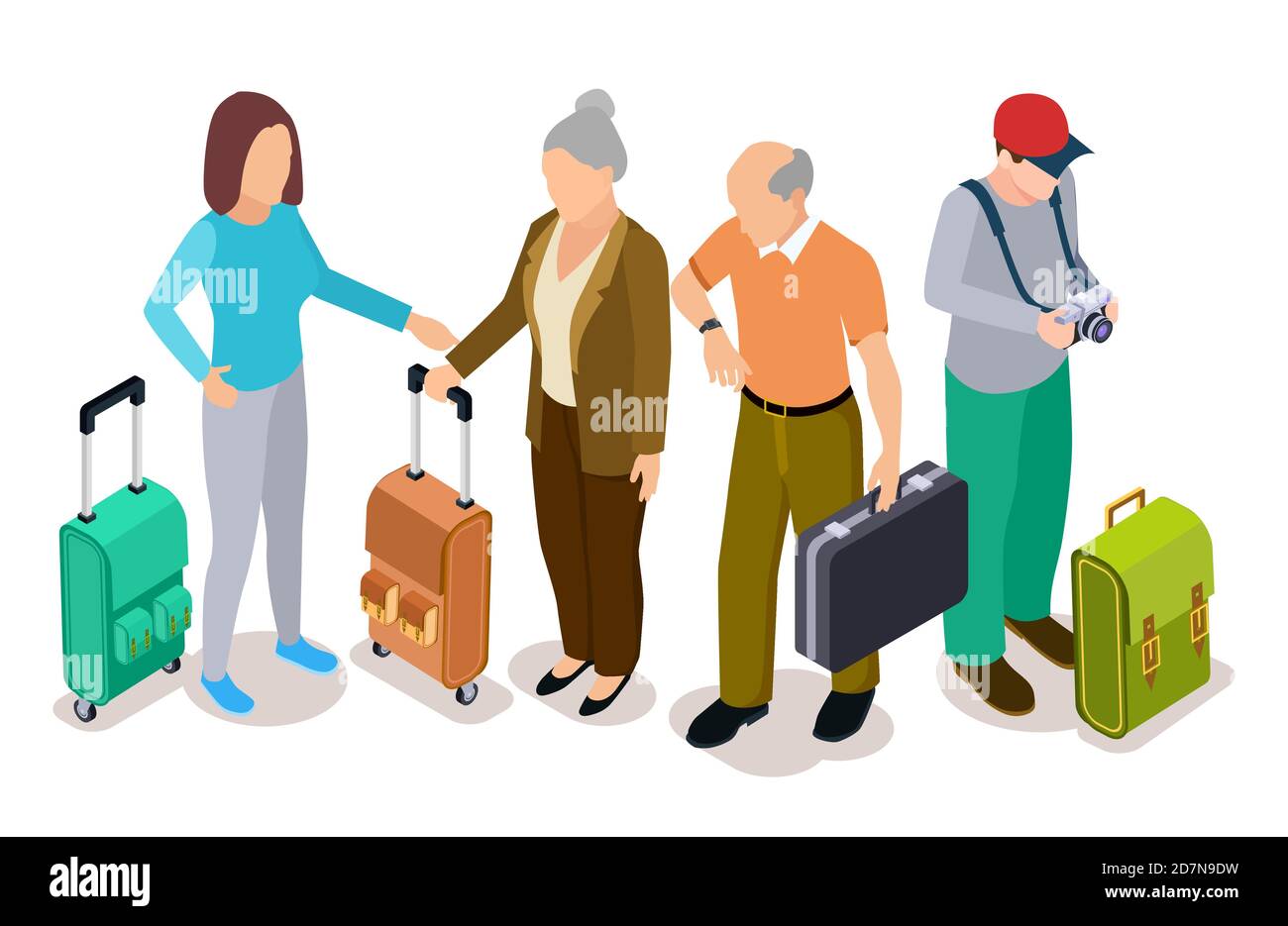 Group of tourists, isometric young and old tourists with suitcases vector illustration. Tourist with suitcase, travel and trip Stock Vector