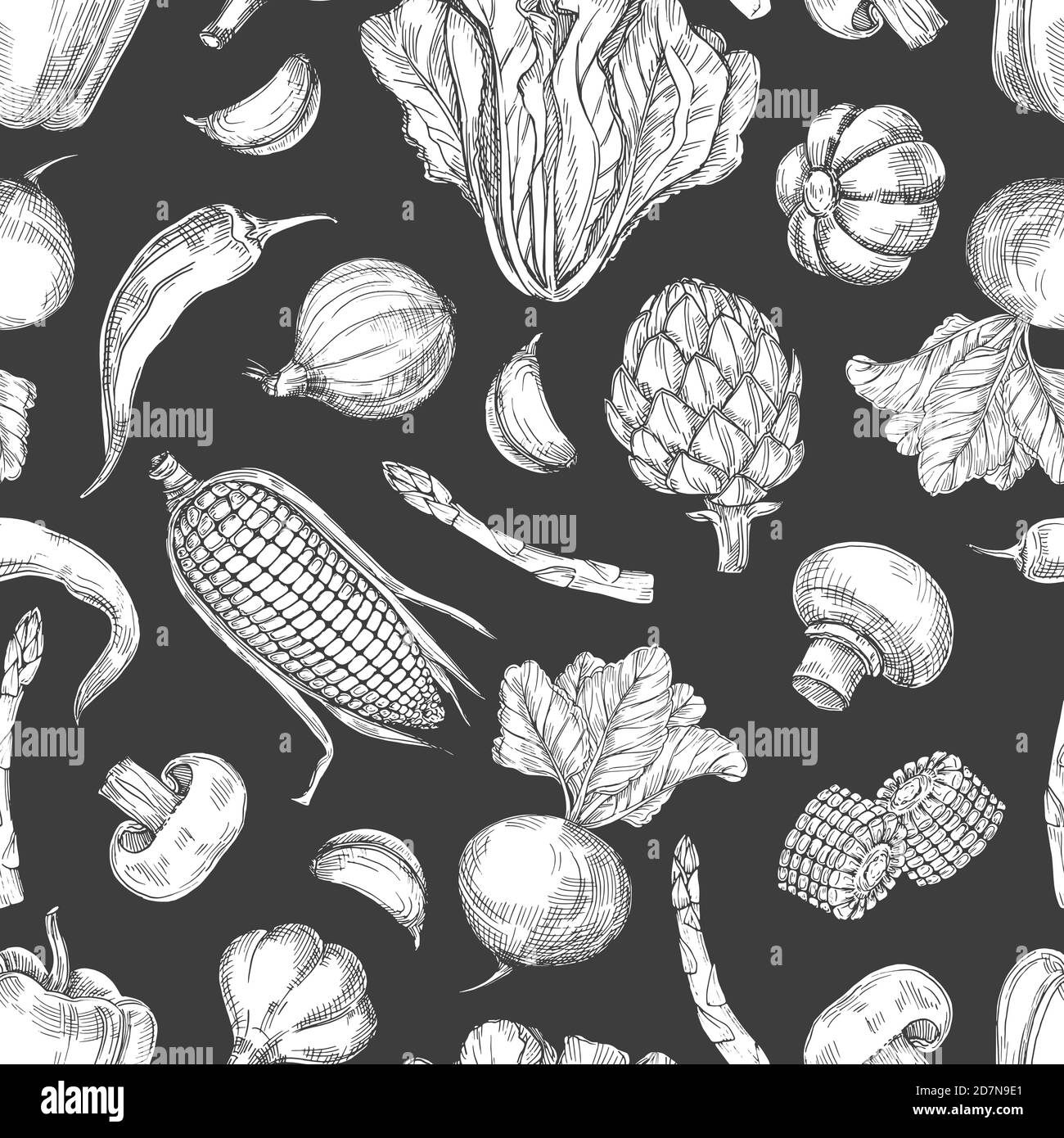 Hand drawn vegetables vintage seamless pattern background. Food vegetarian sketch, fresh asparagus and cabbage illustration Stock Vector