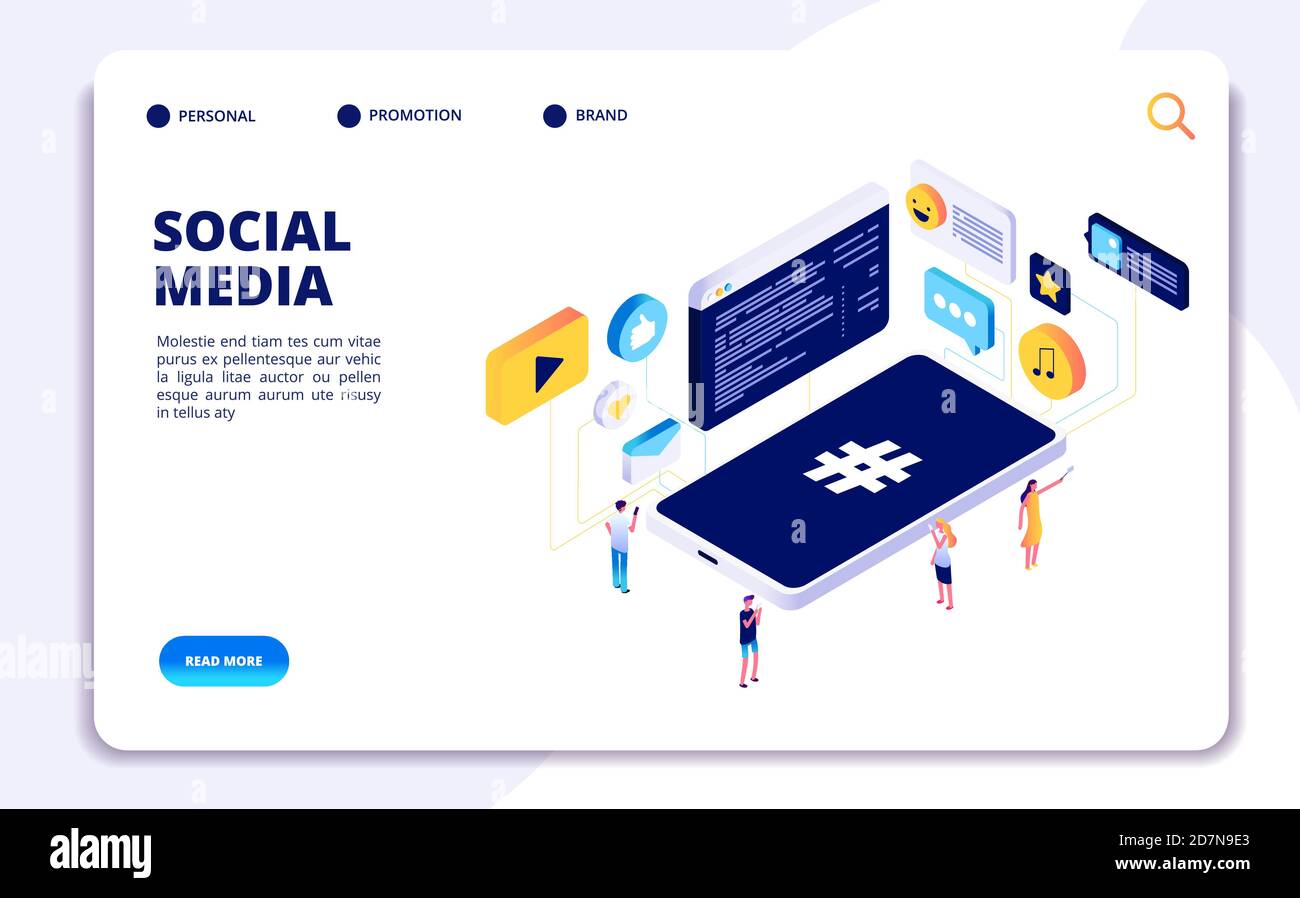 Social media isometric concept. People follow share content with phones, online dating. Cellphone addiction vector landing page. Smartphone isometric, social media network illustration Stock Vector
