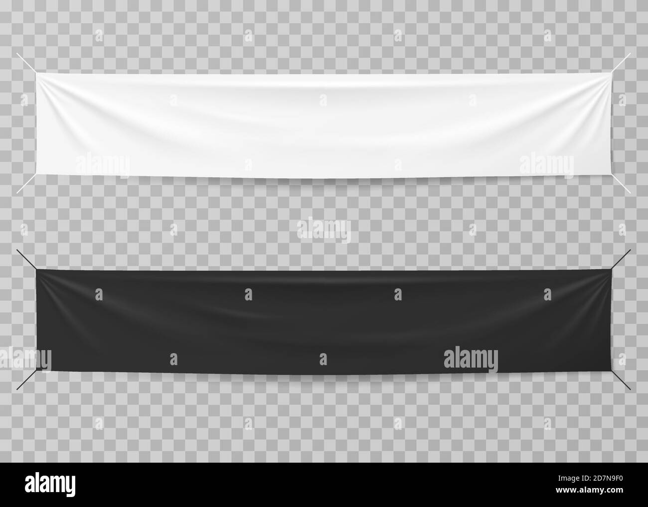 Textile banners. Black and white blank horizontal advertising cloths. Folded empty cotton stretched canvas. Vector mockup. Illustration of horizontal cotton canvas, fabric sheet Stock Vector