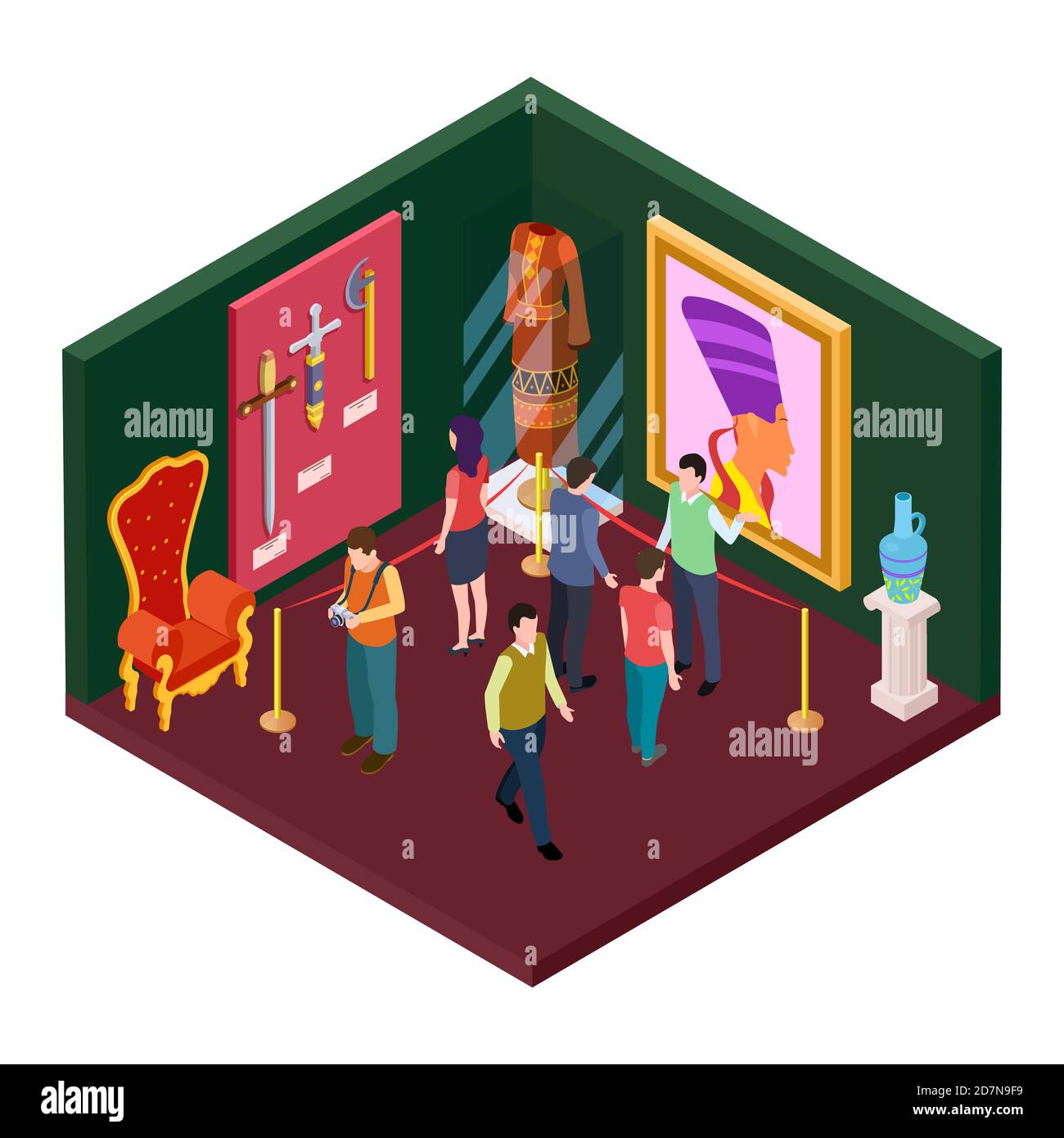 Museum exhibition hall with art objects isometric vector illustration. Isometric museum ancient, interior of exhibition historical Stock Vector