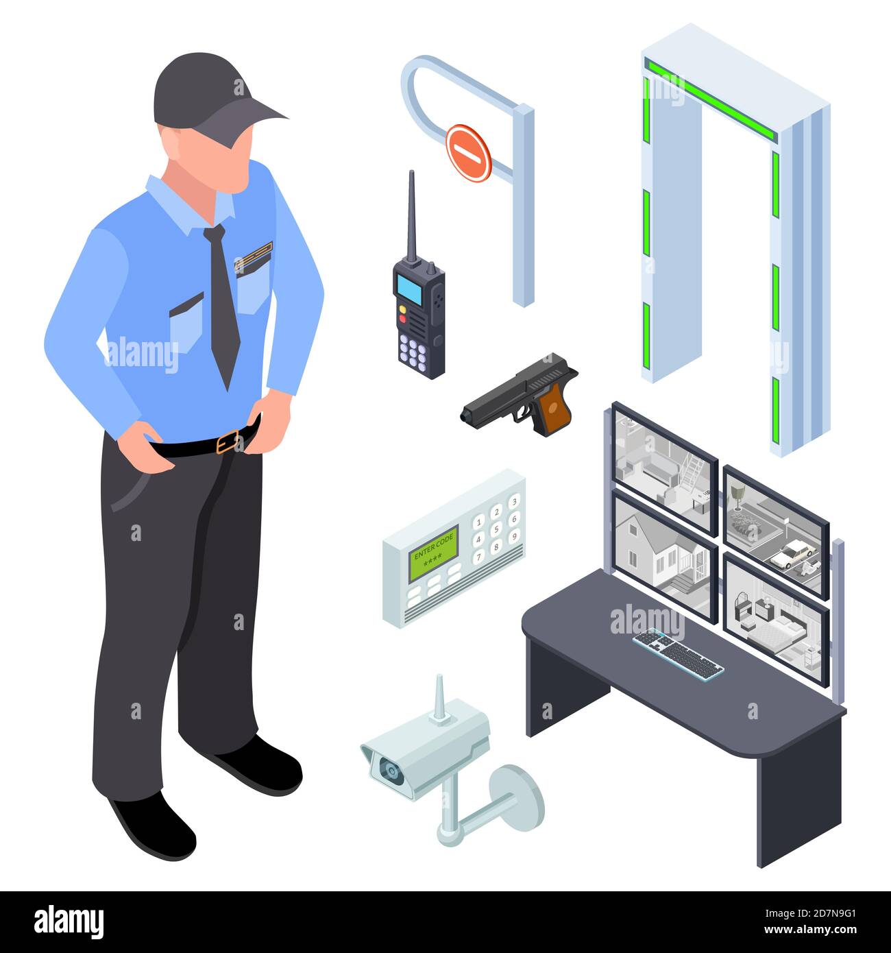 Inventory of police, security, checkpoint isometric vector set. Illustration of isometric security police control, device for monitoring Stock Vector