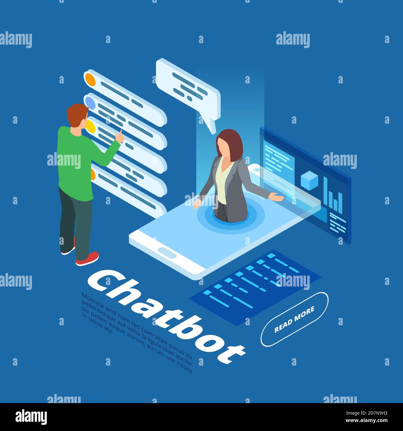 Chatbot vector illustration. Isometric online assistant concept. Isometric bot online, mobile chatbot support chatting Stock Vector