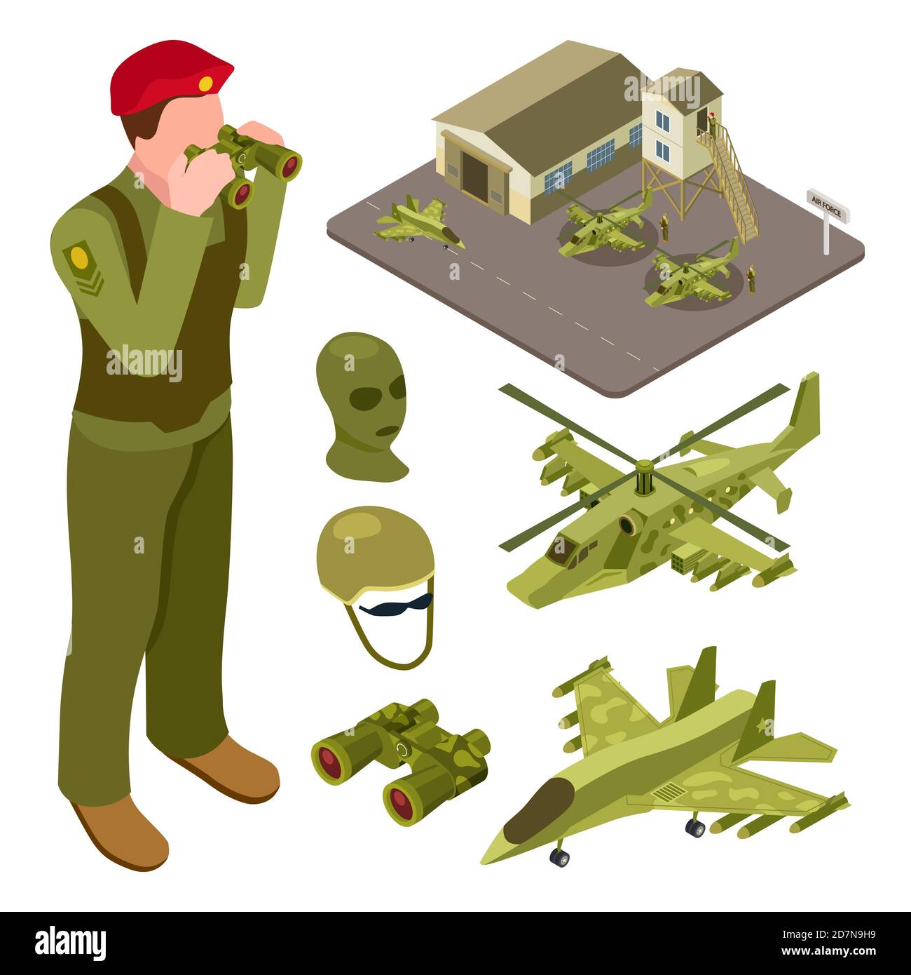 Military air force base isometric with helicopter, fighter aircraft, soldiers vector illustration. Isometric airplane military and air defense Stock Vector