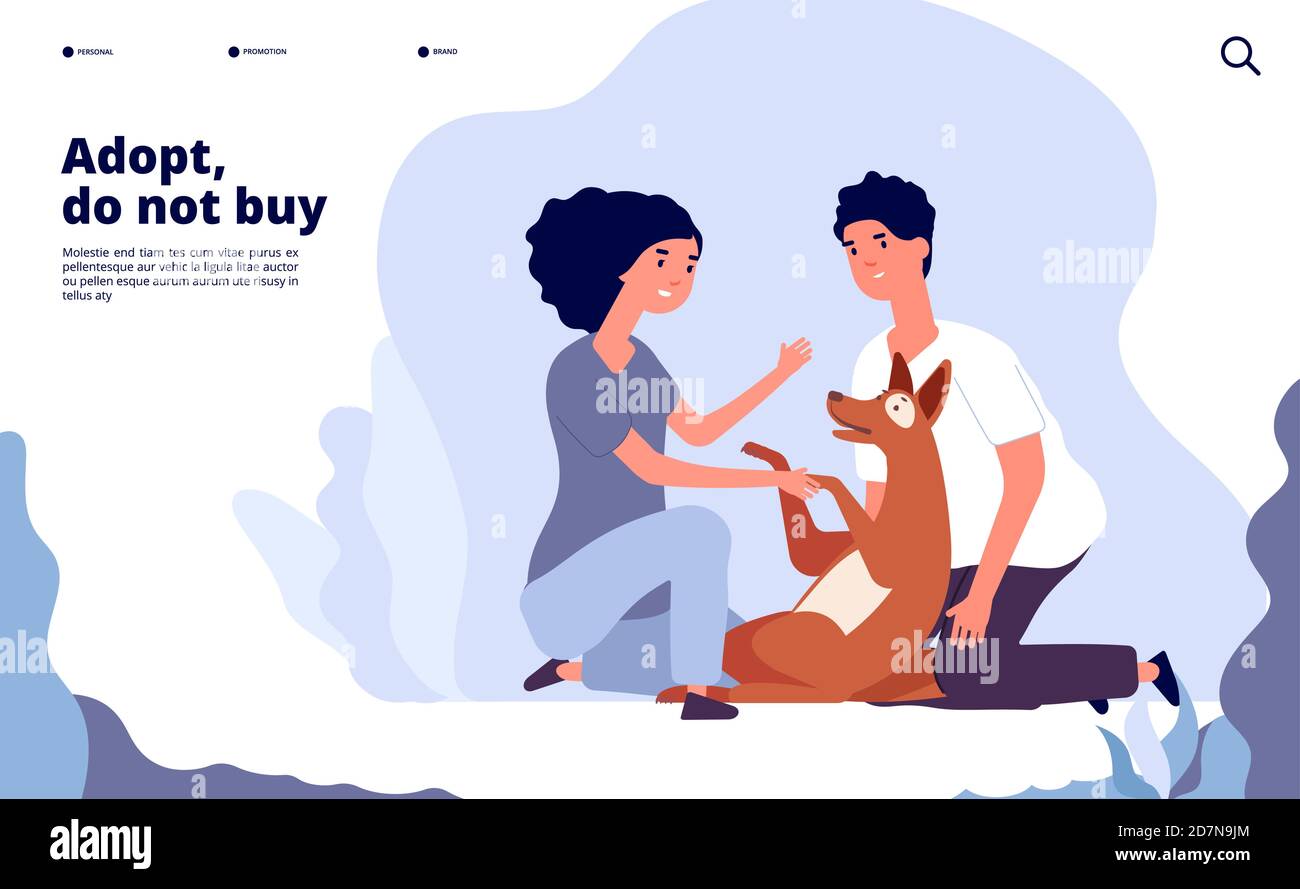 People with pets concept. Happy persons adopt pet with love. Owner hugging puppy vector landing page. Illustration of adoption dog, animal pet shelter homepage Stock Vector