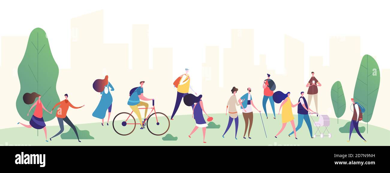 People walk in the city park vector illustration. Park city with, people, summer walking and ride by bicycle Stock Vector