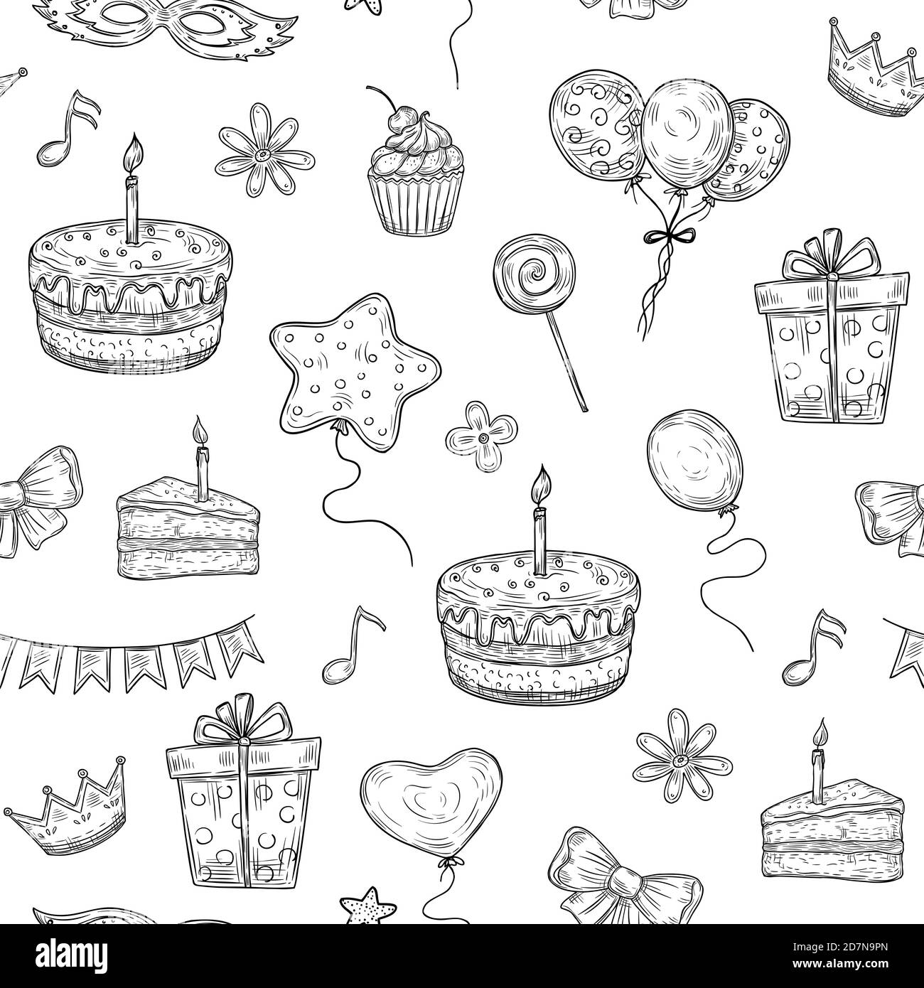 Happy birthday seamless pattern. Birthday celebration party drawn cake balloon candle kids holiday doodle vector vintage texture. Illustration of party holiday and cupcake, food dessert and balloon Stock Vector