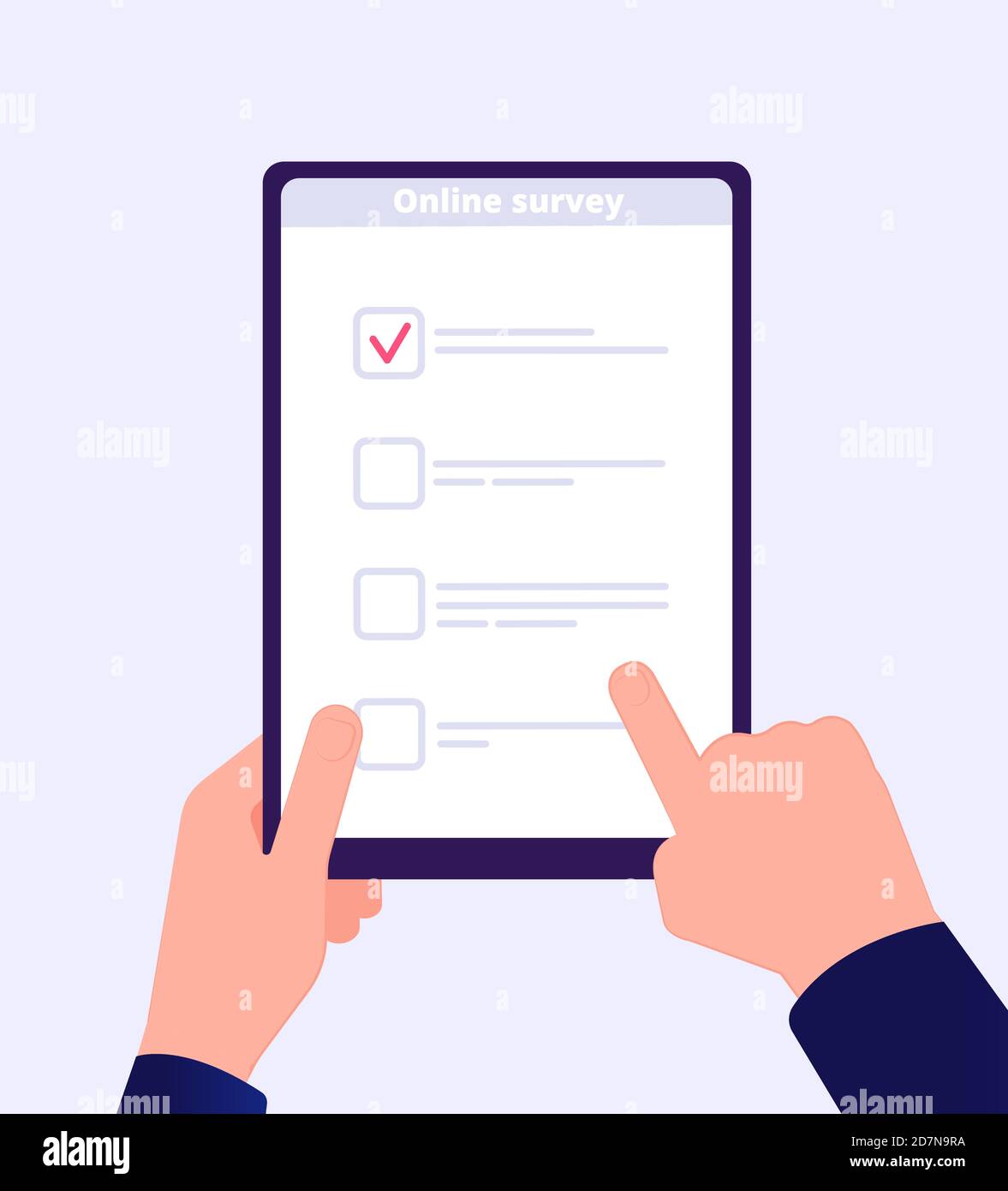 Online survey. Internet surveying list hand holding tablet web test form. Mobile questionnaire customers voting application vector. Checklist online, check screen survey, questionnaire list Stock Vector