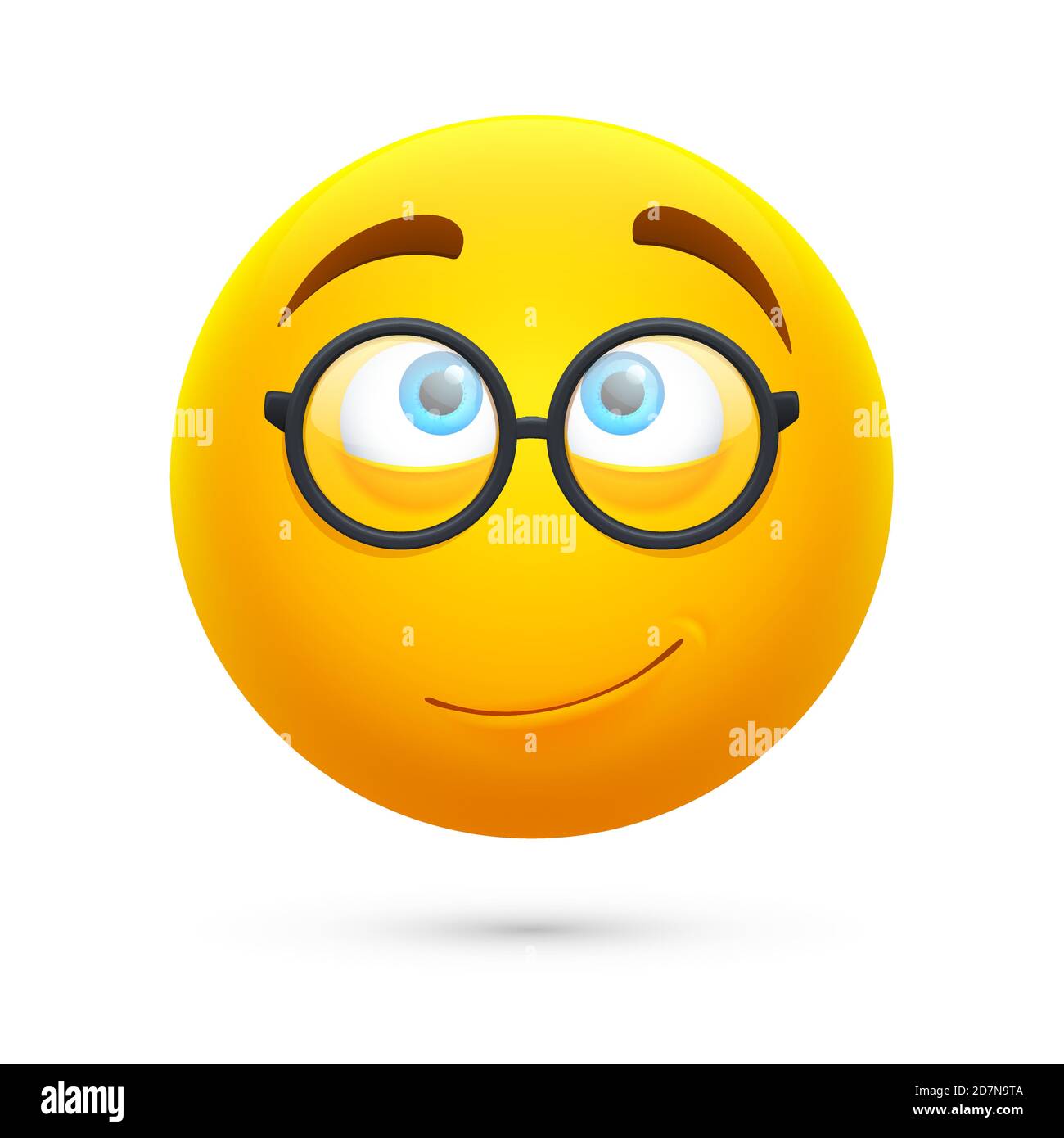 Cartoon yellow 3d smiley face. Cute geek vector emoji isolated on white background. Illustration of geek and nerd emoji expression Stock Vector