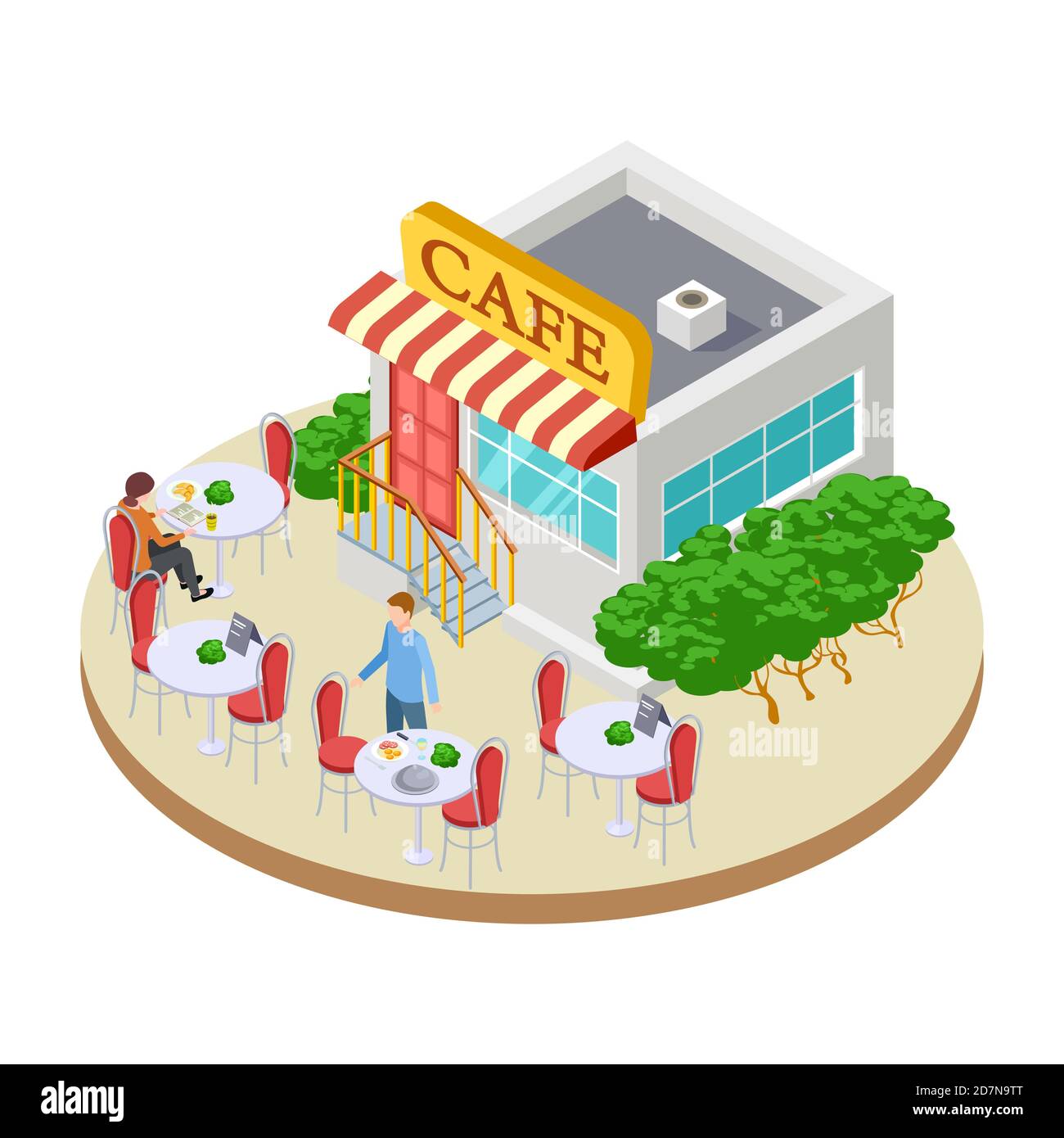 Cute summer street small cafe with outside tables isometric vector illustration. Cafe street, outdoor urban public restaurant Stock Vector