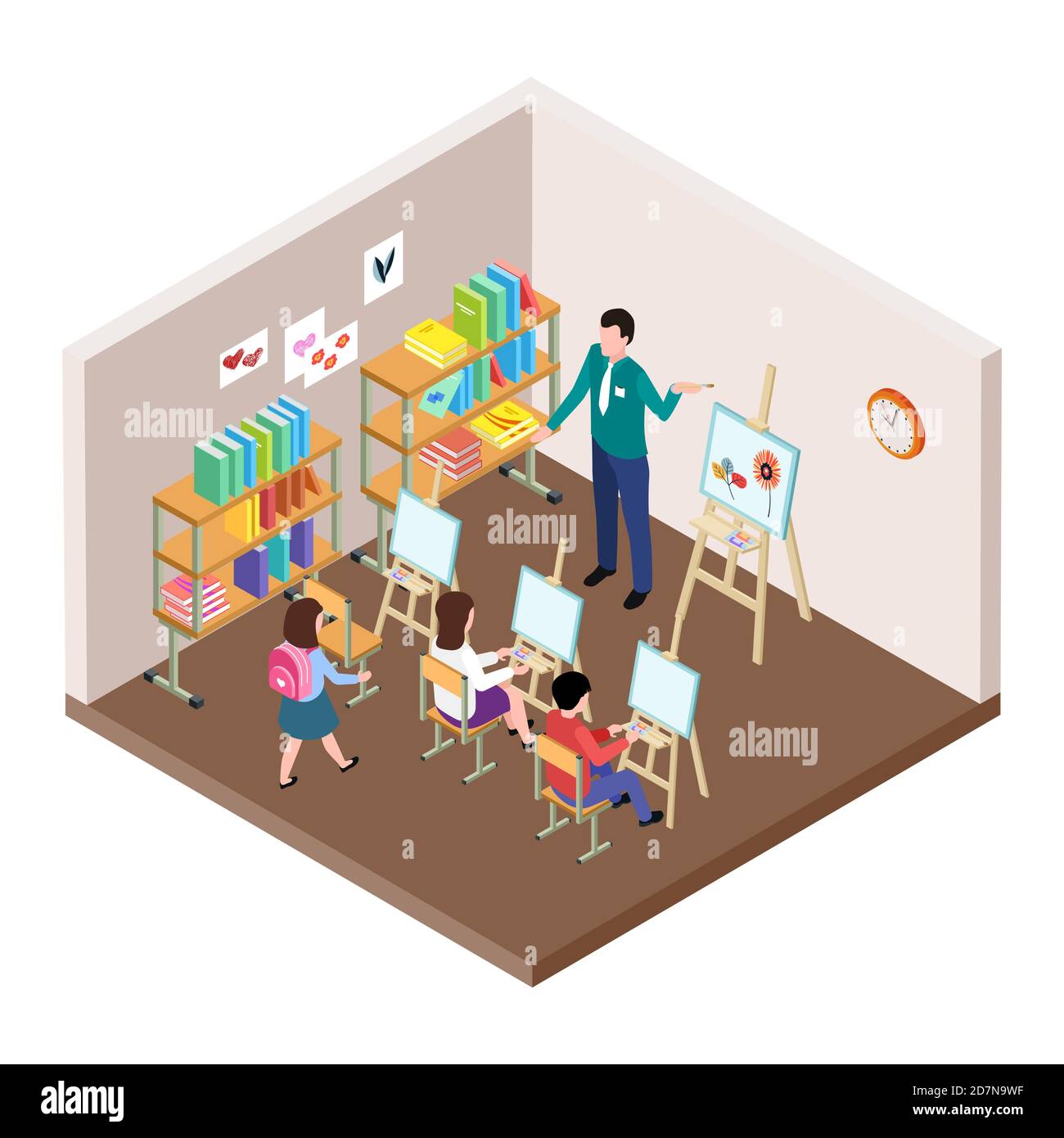 Kids art studio vector illustration. Isometric classroom for drawing lesson with easel, students, teacher. Studio art drawing, paint picture by painter Stock Vector