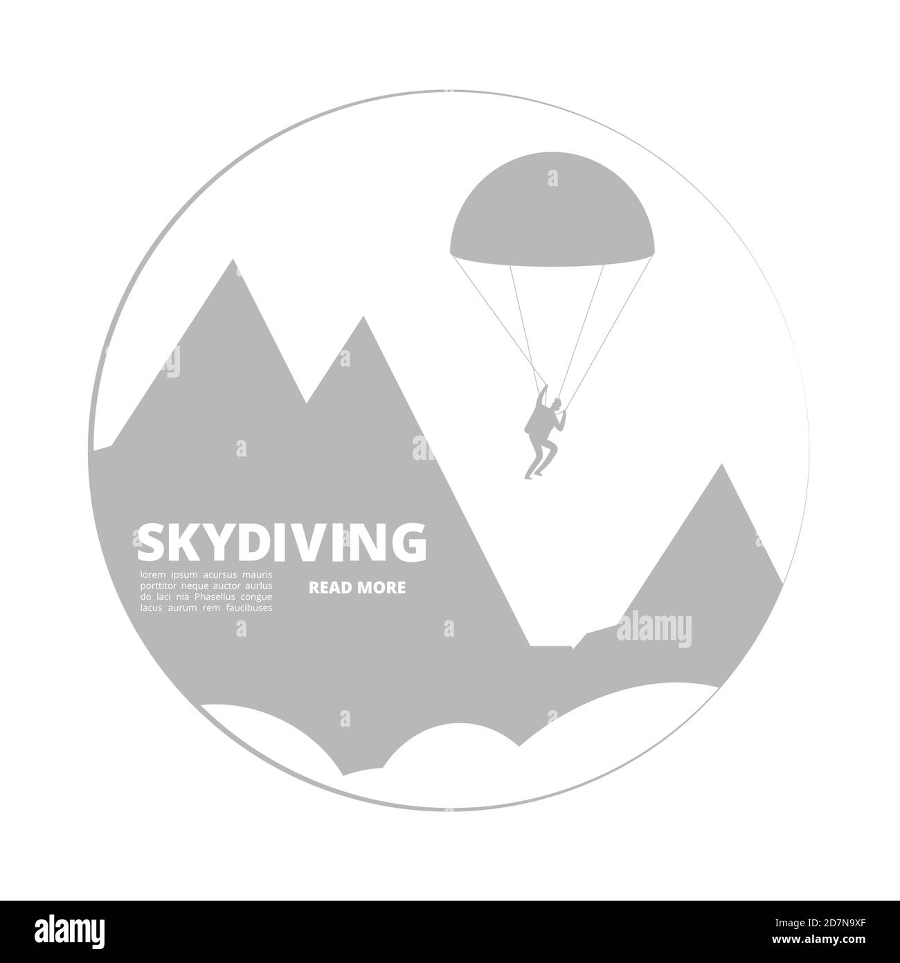 Vector skydivind sign with jumper and mountain landscape. Illustration of skydiving jumper, mountain parachutist person, sport adrenaline Stock Vector