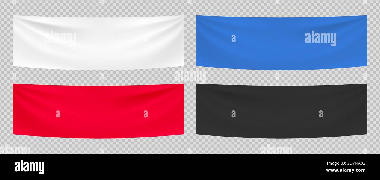 Textile banners. Vector realistic advertising blank fabric template. White red blue black textile banners isolated on transparent background. Illustration horizontal canvas fabric, flag rectangular Stock Vector