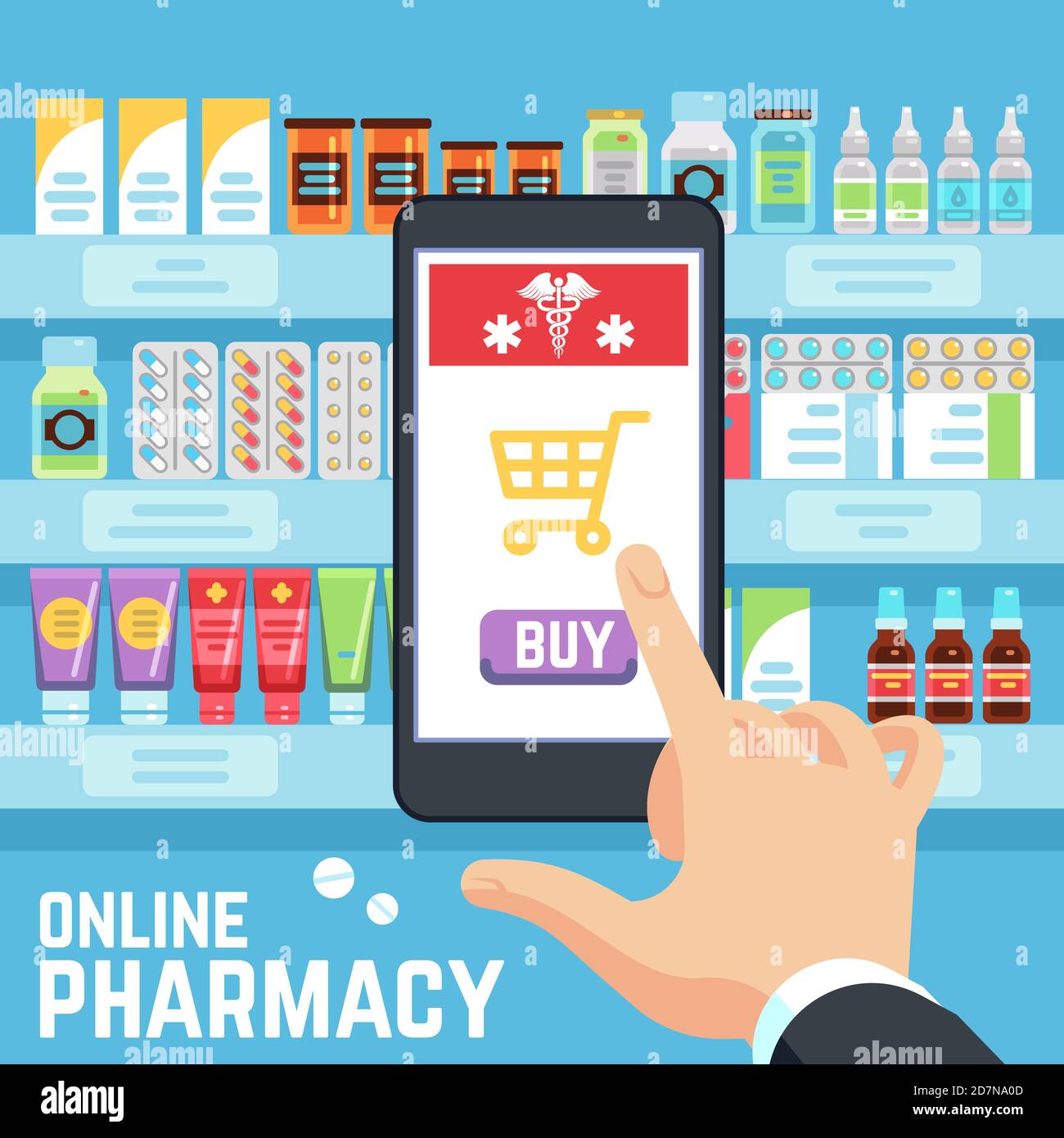 Online pharmacy vector concept. Buyers hand selects and buys drugs and medications on cell phone screen. Illustration of pharmacy medical app, drugstore pharmaceutical online Stock Vector