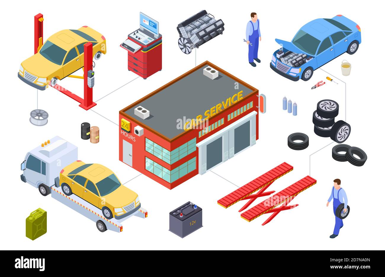 Car service isometric concept. Vector venicle, tire service