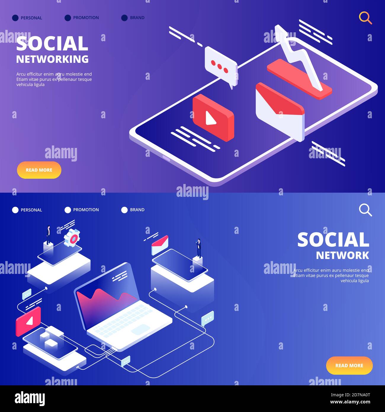 Social network and networking vector landing pages. Illustration of mobile social network Stock Vector