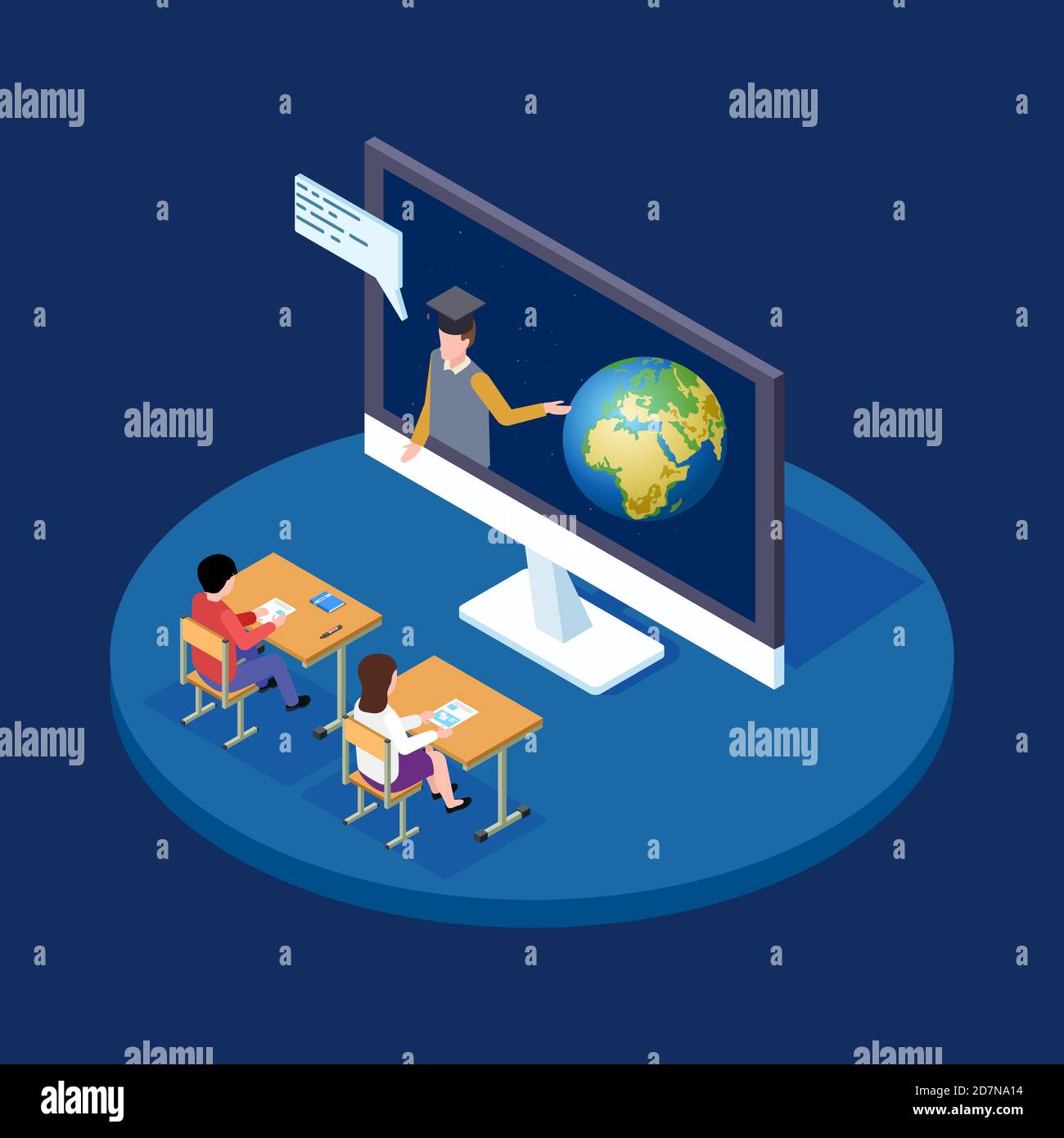 Online astronomy lesson isometric vector concept. Remote teacher tells children about earth and space illustration. Remote teach and studying, explain about earth Stock Vector