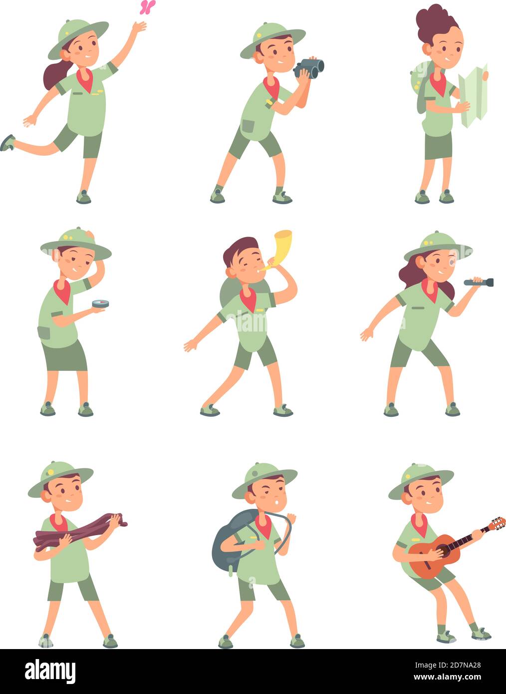 Kids in scout costumes. Young scouts boys and girls have adventure in  summer camping. Cute children vector cartoon characters. Illustration of  scout character, young boy and girl Stock Vector Image & Art -