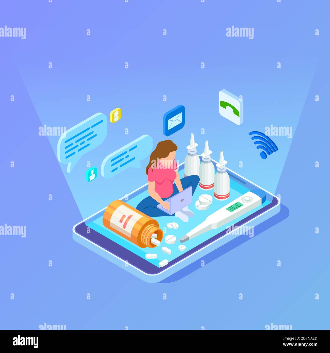 Woman buys medications, drugs with laptop. Online pharmacy isometric vector concept. Illustration of isometric online assistance Stock Vector