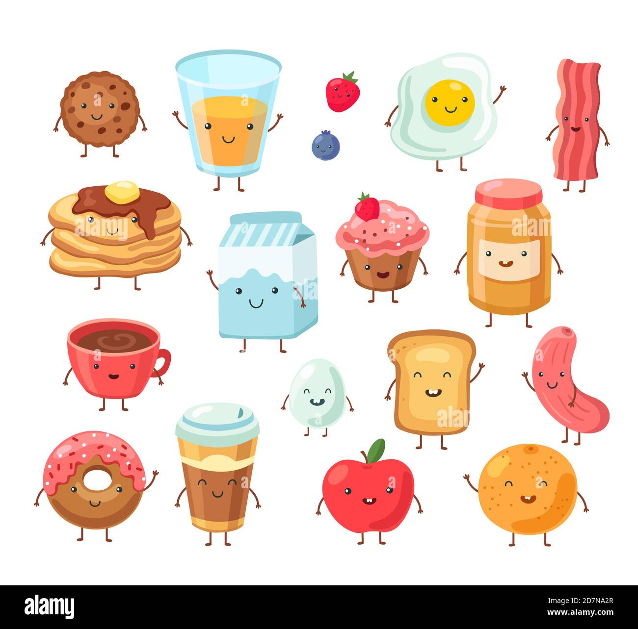 Breakfast food characters. Funny cartoon lunch apple eggs toast cake salt.  Tasty breakfast comic friends vector set. Illustration of lunch, toast and  coffee, bread and bacon Stock Vector Image & Art -
