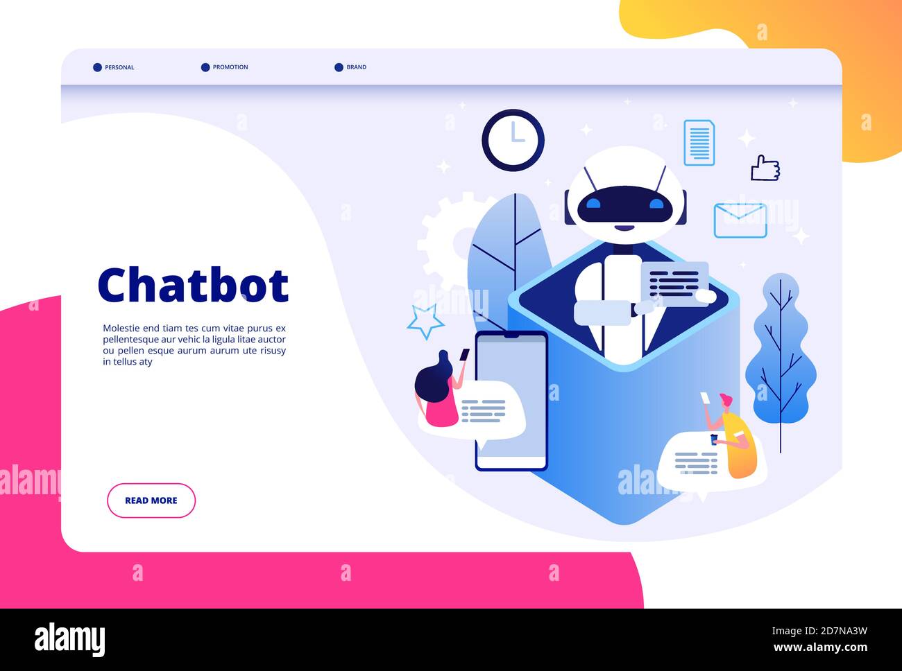 Chatbot concept. Chat with android woman man talking with mobile phone to ai application bots help human future technology vector page. Illustration of ai robot help, mobile bot and chatbot service Stock Vector
