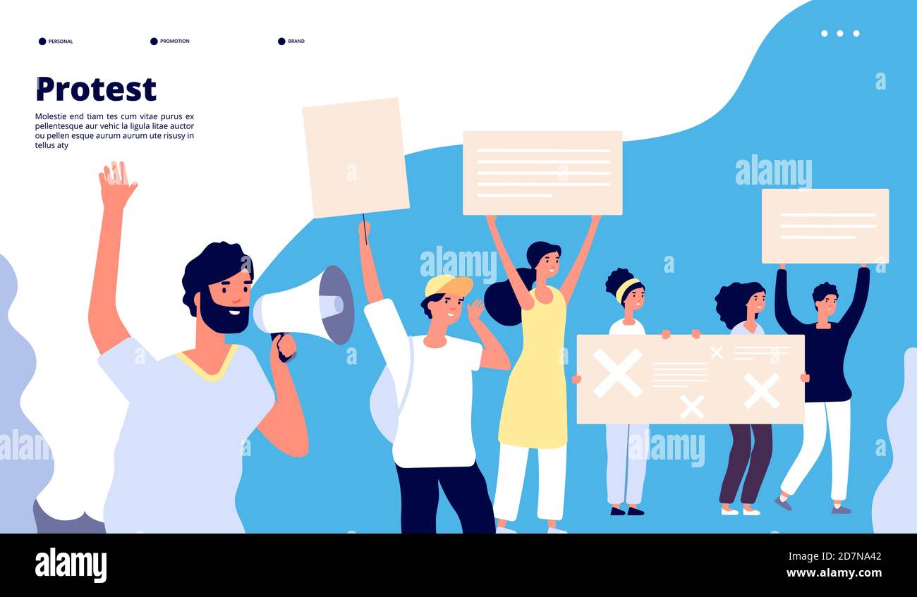 Protest landing. Human rights, people with placards, protesting activists with loudspeakers. Working strike vector web page. Illustration of web page, activist with placard, right protesting Stock Vector