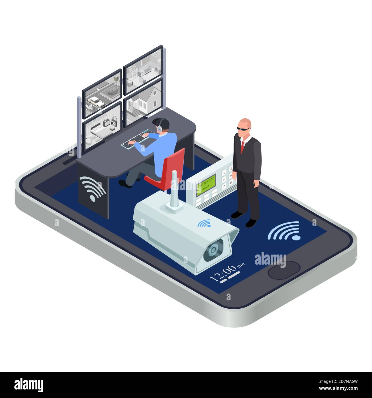 WiFi connect mobile security system isometric vector concept. Security cctv network wireless use smartphone and electronic system illustration Stock Vector