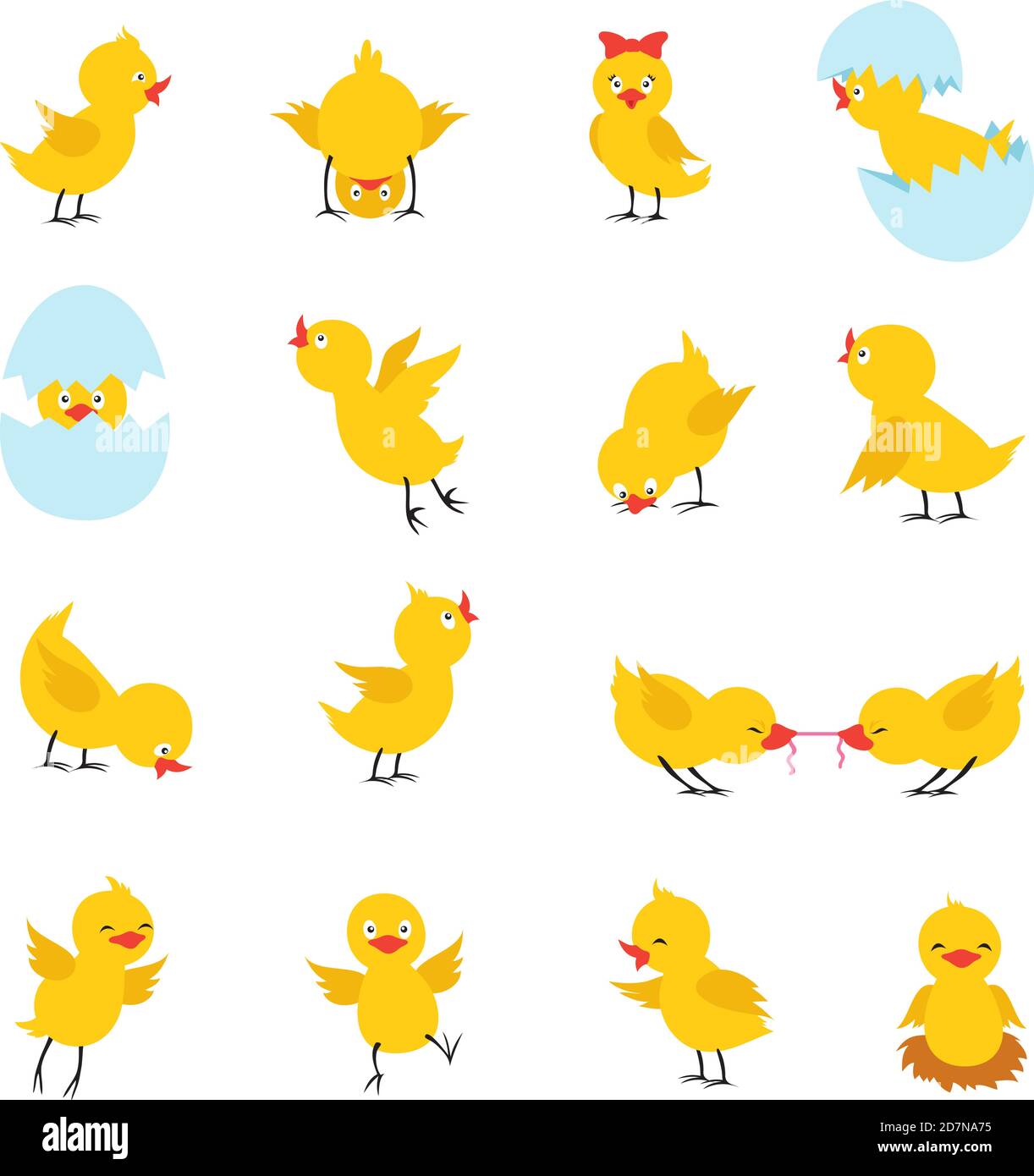 Cute chicks. Cartoon easter baby chickens with eggs. Funny yellow chick vector isolated characters. Illustration of chicken easter, little baby bird in eggshell Stock Vector