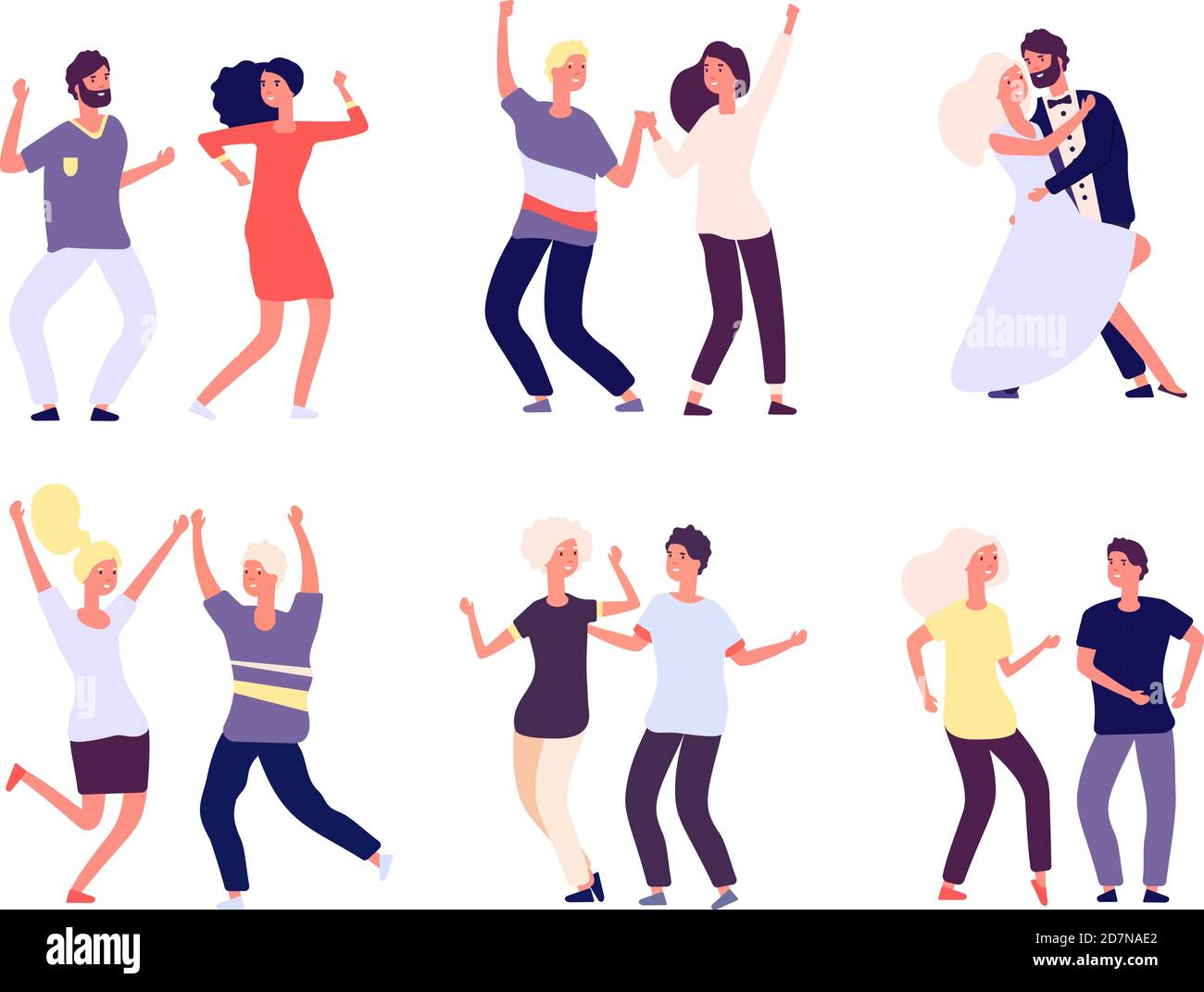 Dancing couples. Happy persons dance salsa, tango adult woman man dancers in love. Party crowd fun isolated vector cartoon characters. Party couple dance, dancer performance, disco people illustration Stock Vector