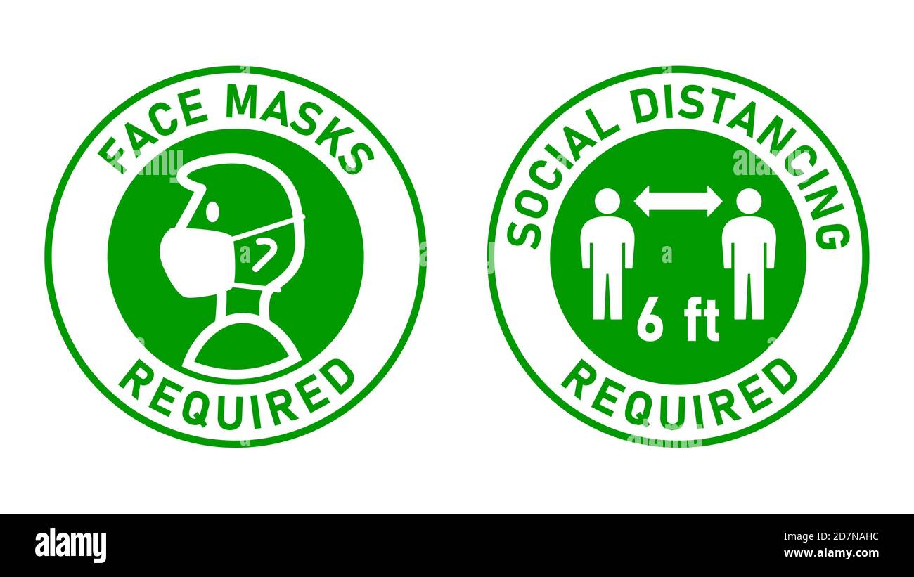 Face Masks Required and Social Distancing Required 6 ft or 6 Feet Round Adhesive Sticker Rule