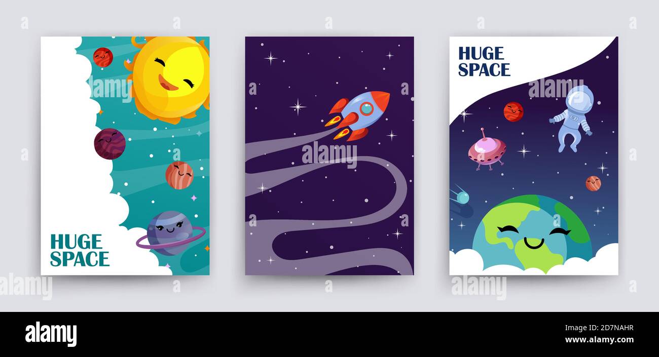 Space flyers vector. Cartoon planets, universe, galaxy banners template. Cute sun, astronaut, earth, solar system planets, starry sky brochure. Astronaut space, astronomy galaxy science illustration Stock Vector