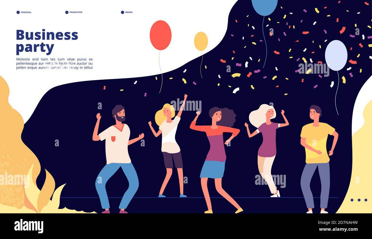 Party landing. Happy young persons dance, celebrate on corporate business party, joyful crowd dancing web page vector design. Party company together, celebrate colleague illustration Stock Vector