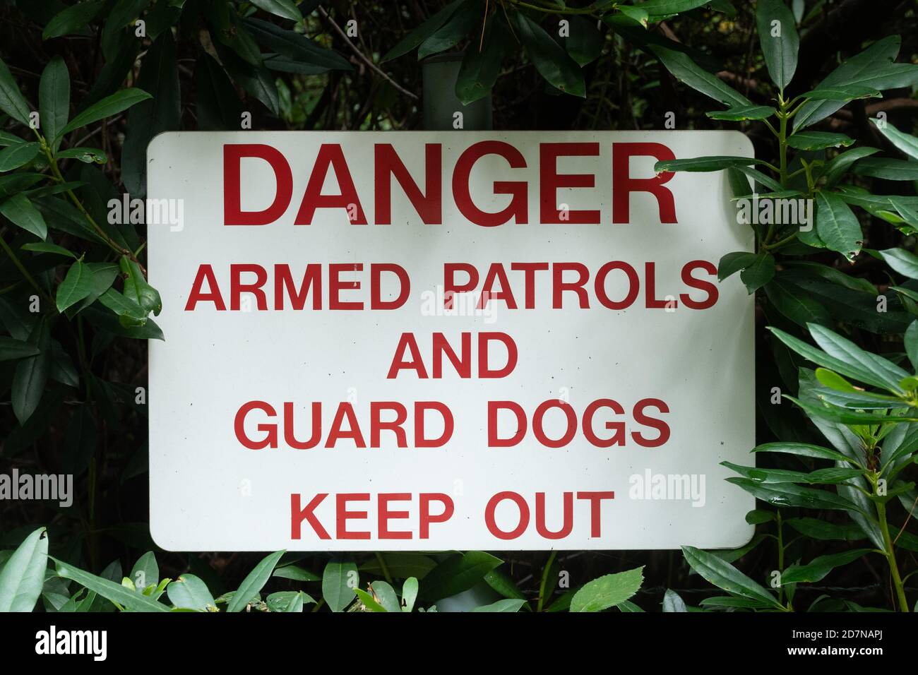 Sign on fence round MOD site reading Danger Armed Patrols and Guard Dogs Keep Out Stock Photo