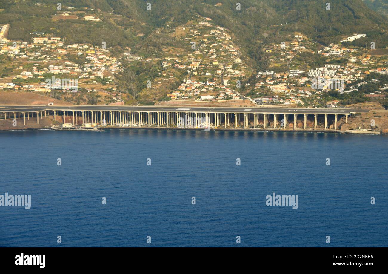 Funchal, Madeira, Portugal - September 2017: Aerial view of the runway extension of the Christiano Ronaldo Airport Stock Photo