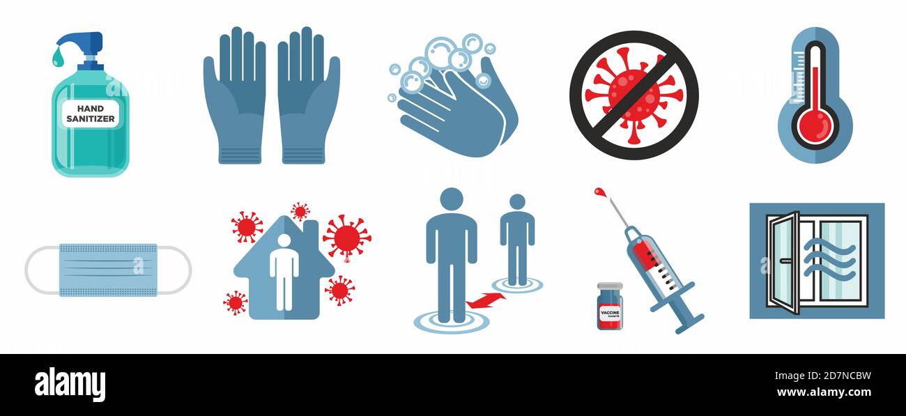 Set of sars-cov2 covid-19 safety precautions and warning signs. Corona virus icon set. Stock Vector