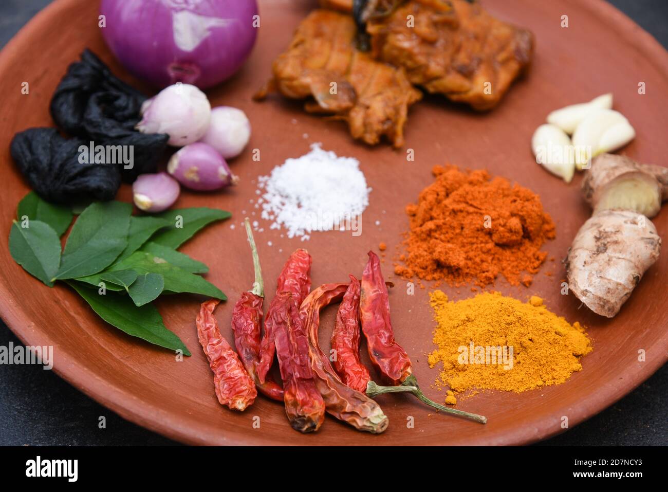 Turmeric a deep orange yellow powder and spices, Kerala India.Used for aroma, coloring and flavoring of food in Indian cuisine. Herbal antiseptic Stock Photo