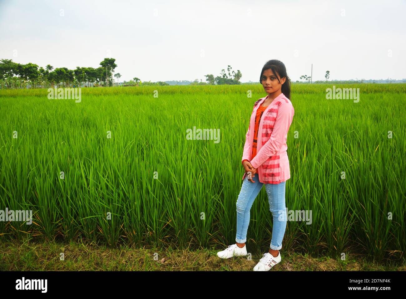 A teenage girl wearing jeans, pink uppers and white shoes standing in a paddy field, selective focusing Stock Photo