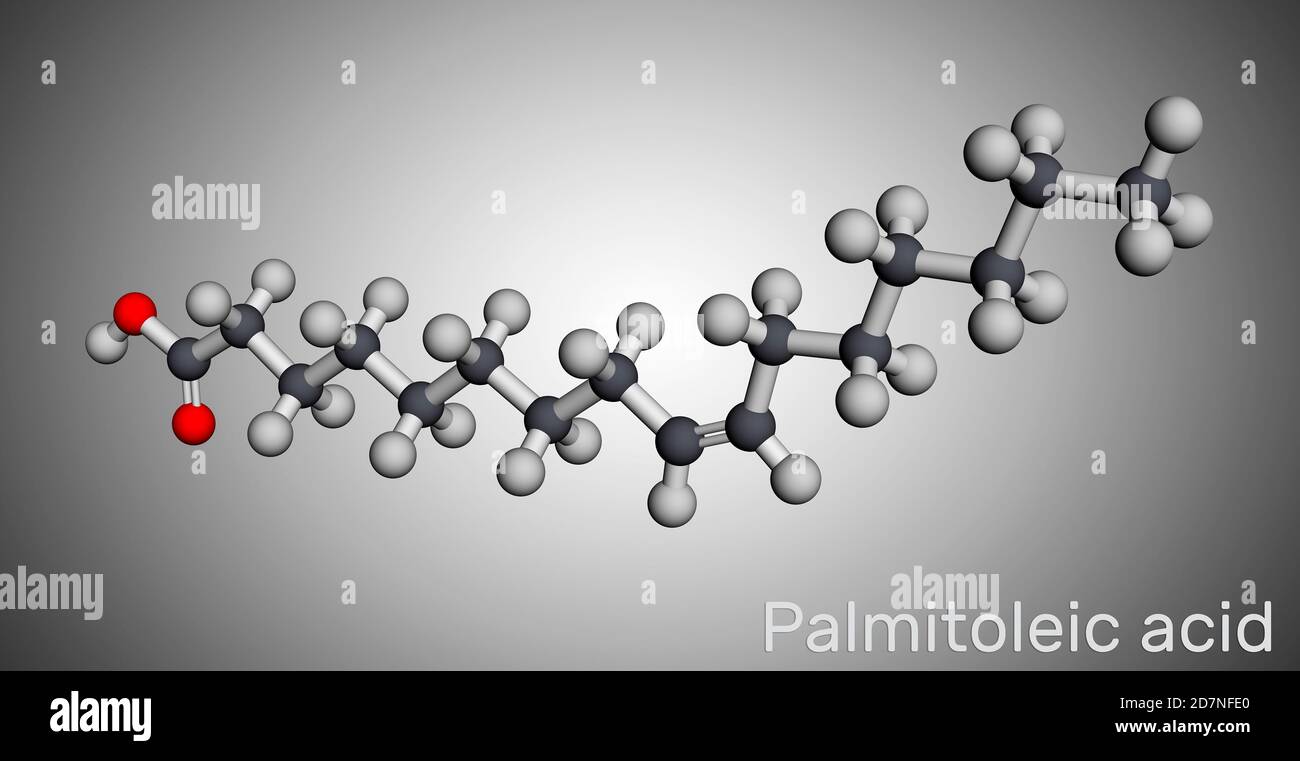 Palmitoleic acid, palmitoleate molecule. It is an omega7