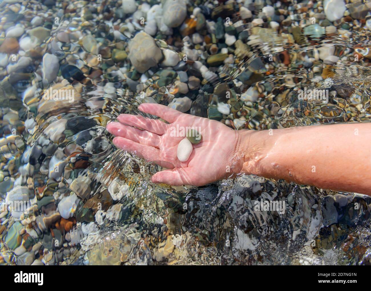 Women's hand holds sea stones in the clear sea water.  Crystal clear sea water through which you can see the stones lying on the bottom. Ecology Stock Photo