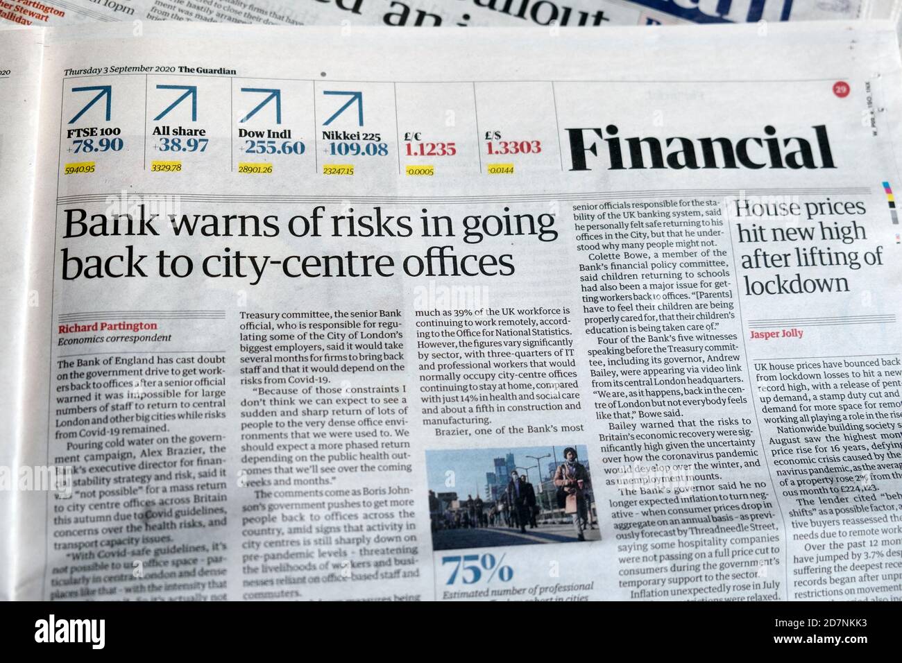 Guardian newspaper headline Financial page article 'Bank warns of risks in going back to city-centre offices' 3 September 2020 London England UK Stock Photo