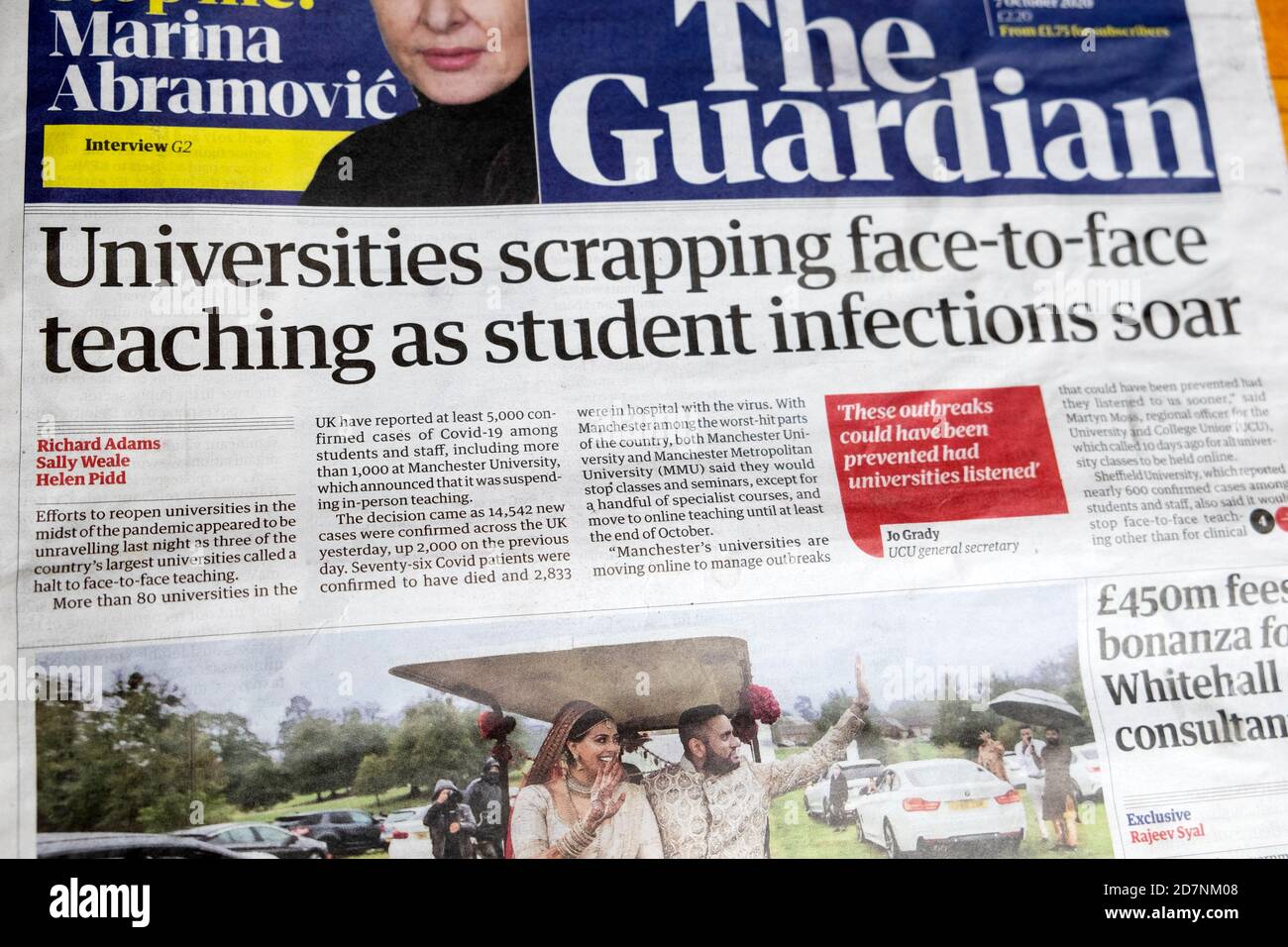 'Universities scrapping face-to-face teaching as student infections soar' Guardian newspaper headline front page 7 October 2020 London England UK Stock Photo
