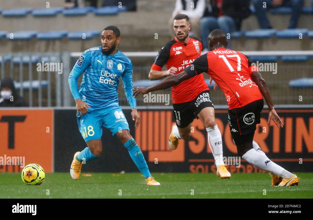 Soccer Football - Ligue 1 - Lorient v Olympique de Marseille - Stade du  Moustoir, Lorient, France - October 24, 2020 Olympique de Marseille's  Jordan Amavi in action with FC Lorient's Houboulang