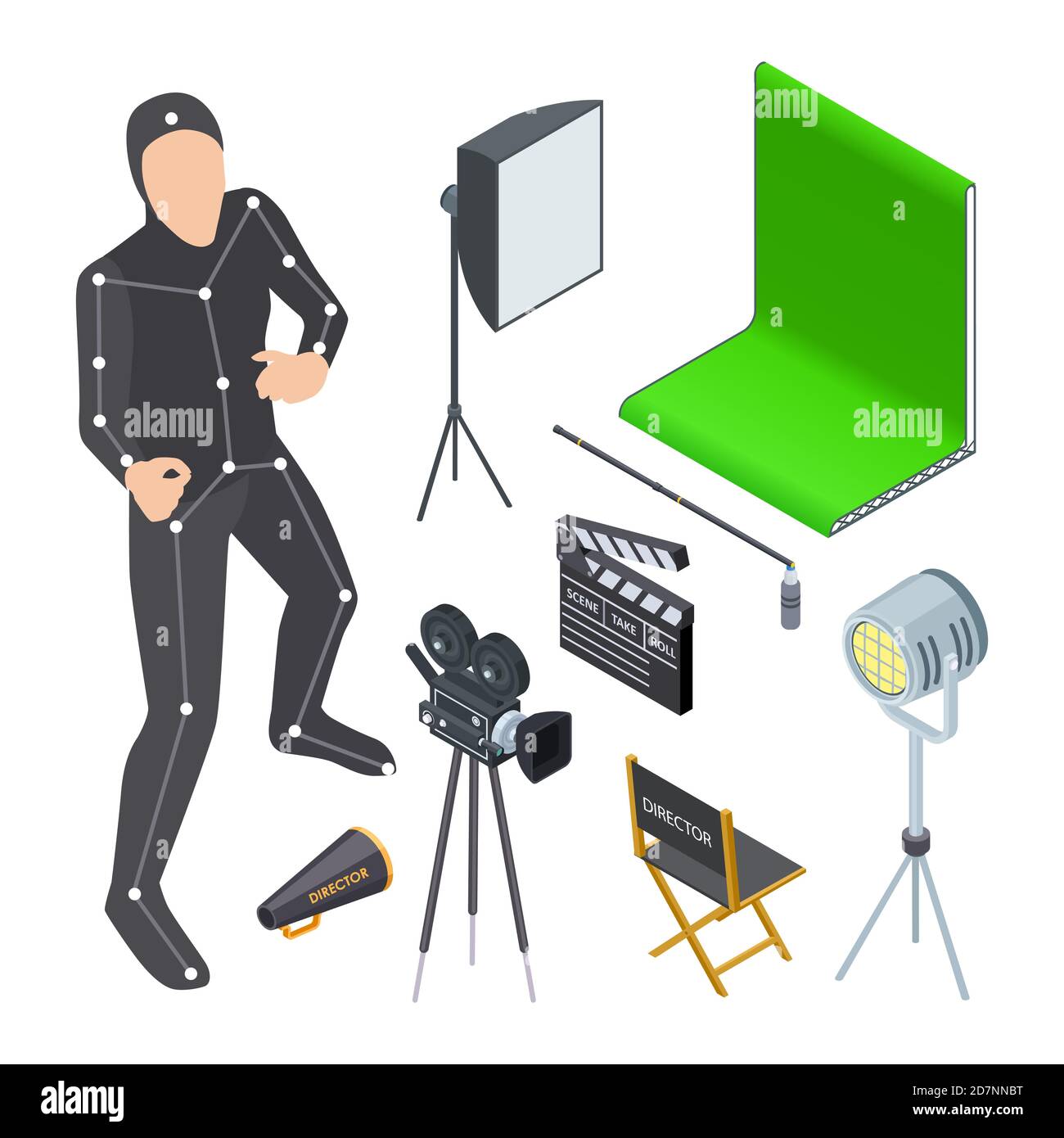Movie production equipment. Isometric cinematograph elements. Vector camera, light, motion production tv studio, green screen. Production studio for cinema, screen professional isometric illustration Stock Vector